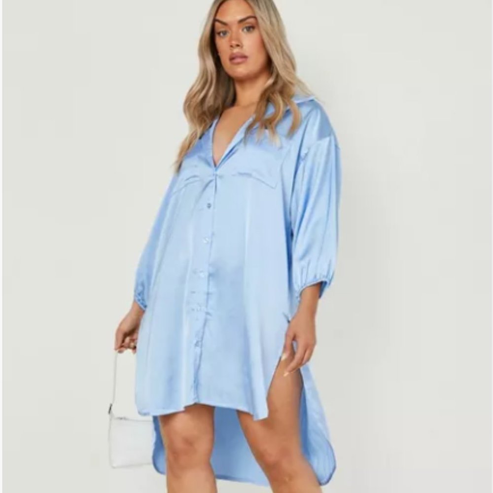Plus Size Satin Blue Shirt Dress